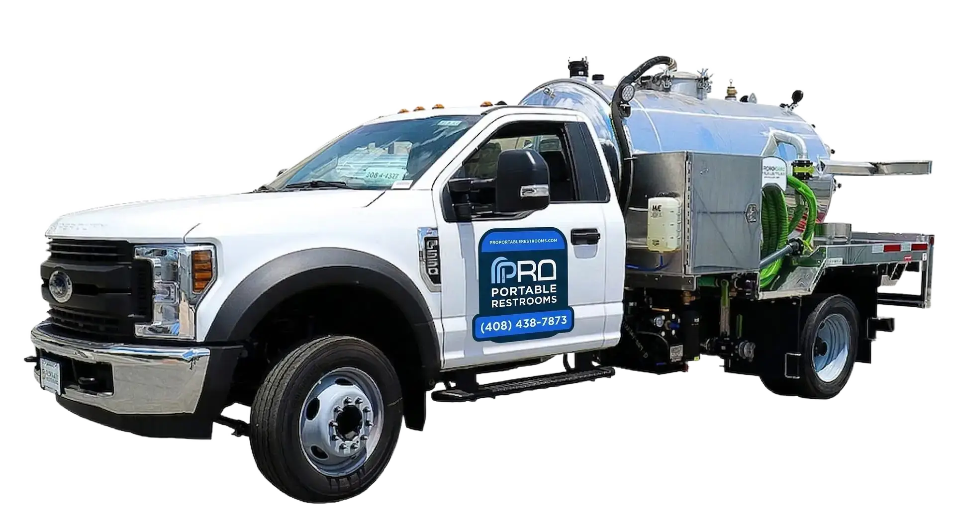 A Pro Portable Restrooms branded service and pump truck ready for delivery