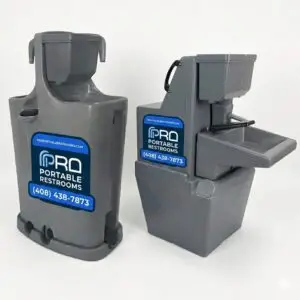 Two Pro Portable Restrooms branded handwash and sink stations side by side
