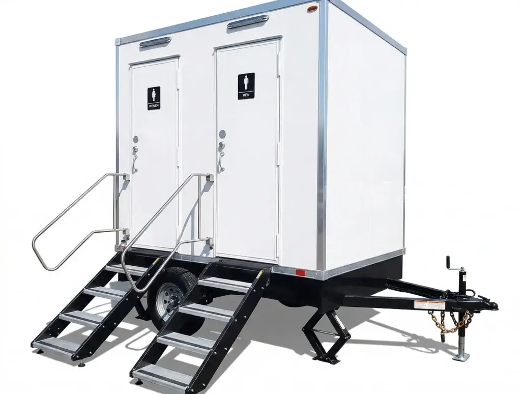 Two-stall VIP portable restroom trailer with towable hitch