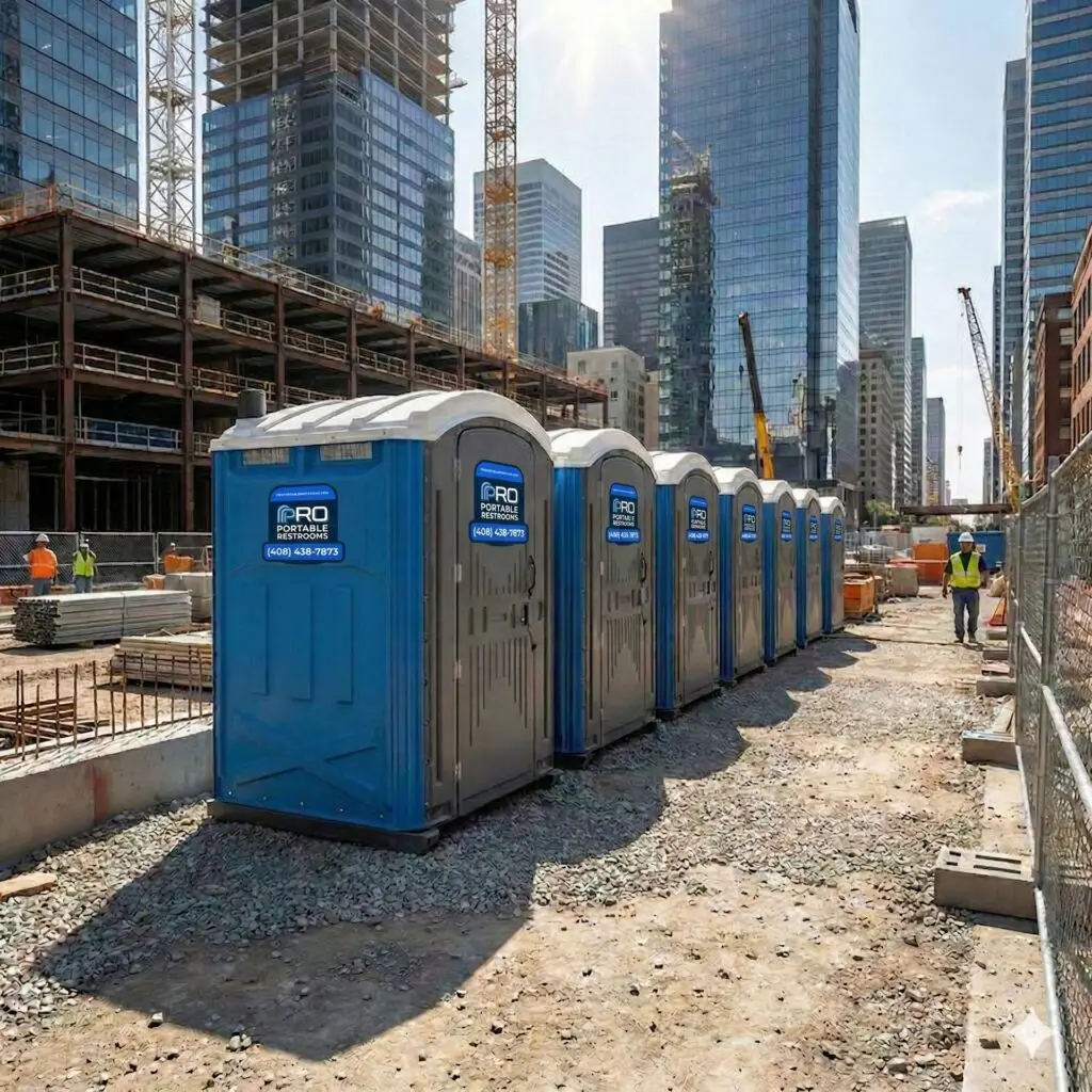 Row of Pro Portable Restrooms at an urban construction site with workers in safety vests