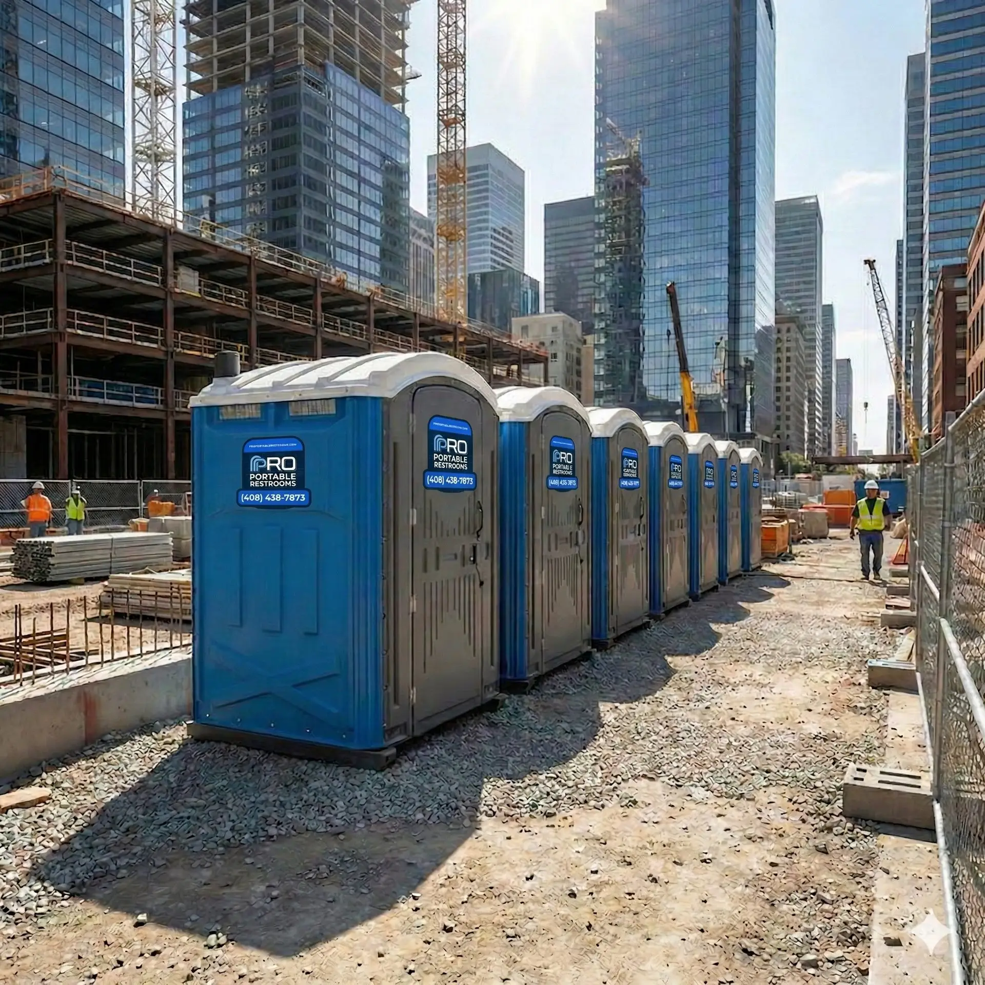 Row of Pro Portable Restrooms at an urban construction site with workers in safety vests